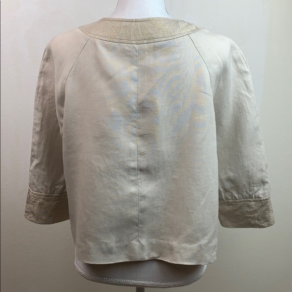 Coldwater Creek linen crop blazer jacket, gold jacquard trim summer / fall EUC - Picture 3 of 8